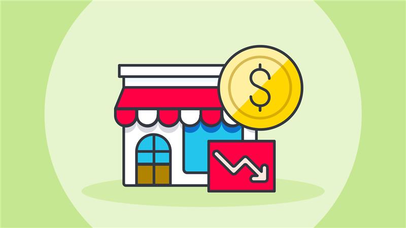 An illustration of a small storefront next to a gold coin and a line chart with an arrow pointed downward