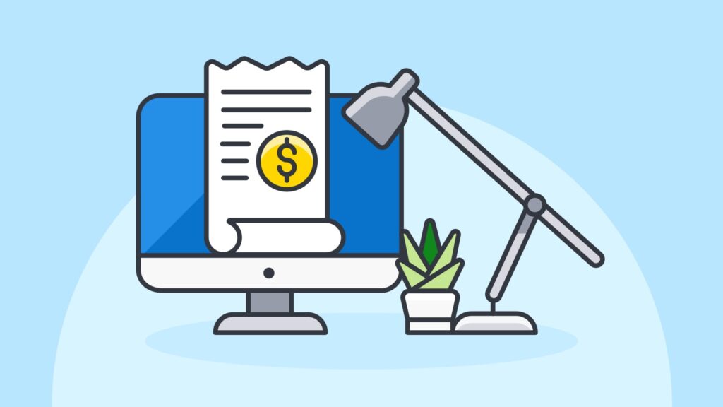 An illustration of a computer monitor, a receipt, a lamp, and a plant on a desk.