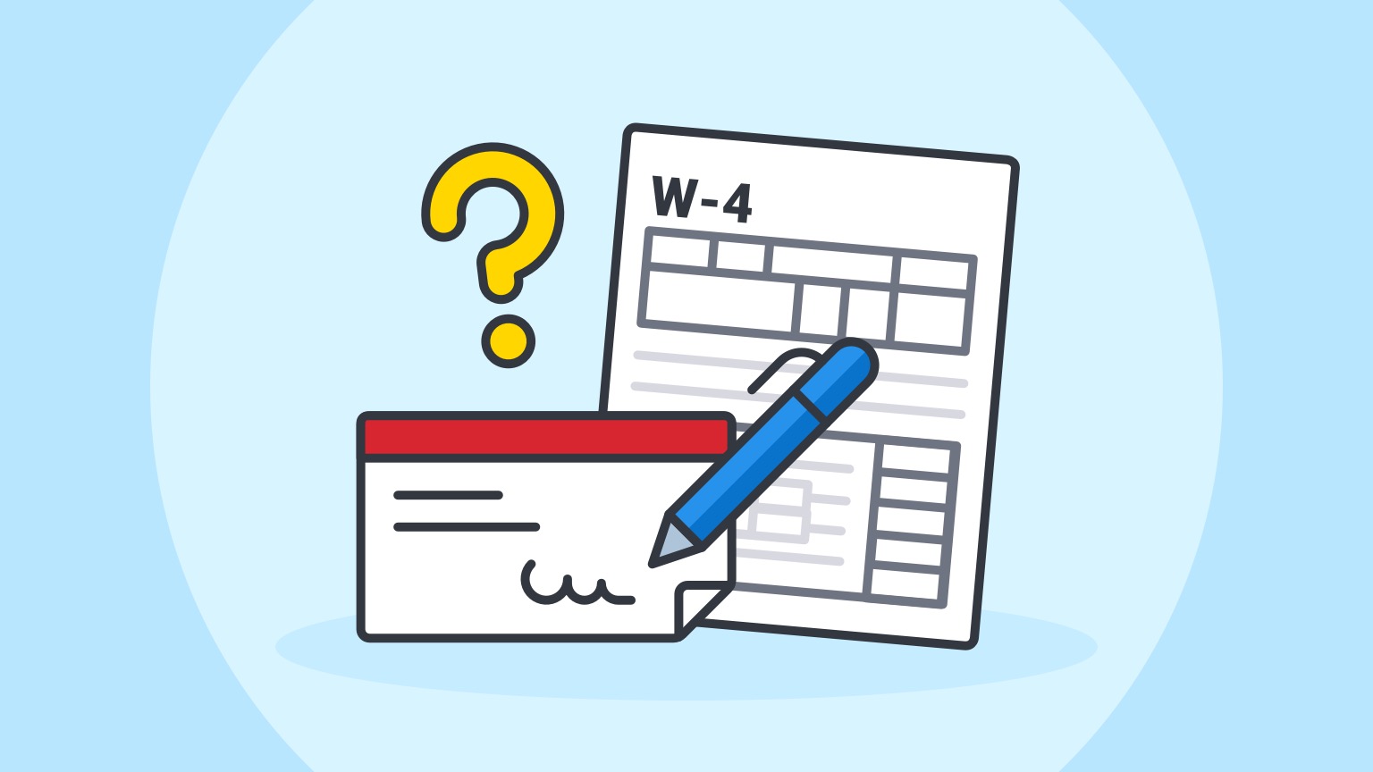 An illustration of Form W-4, a pen writing on a check, and a question mark
